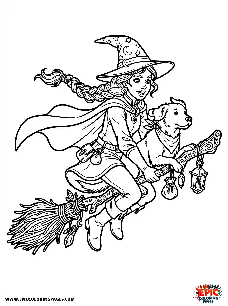 Girl with Dog Girl with dog realistic riding a highly detailed flying broom wearing a pointed wizard hat