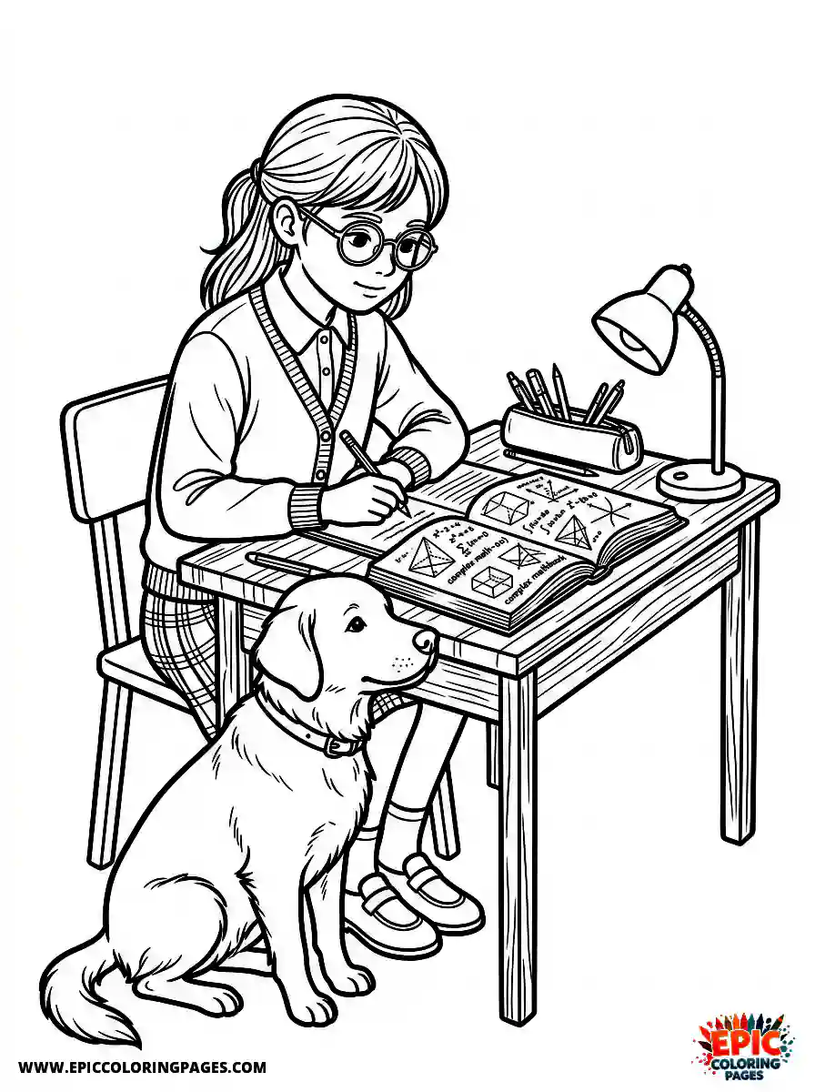 Girl with Dog Girl with dog realistic studying a complex math textbook wearing uniform glasses