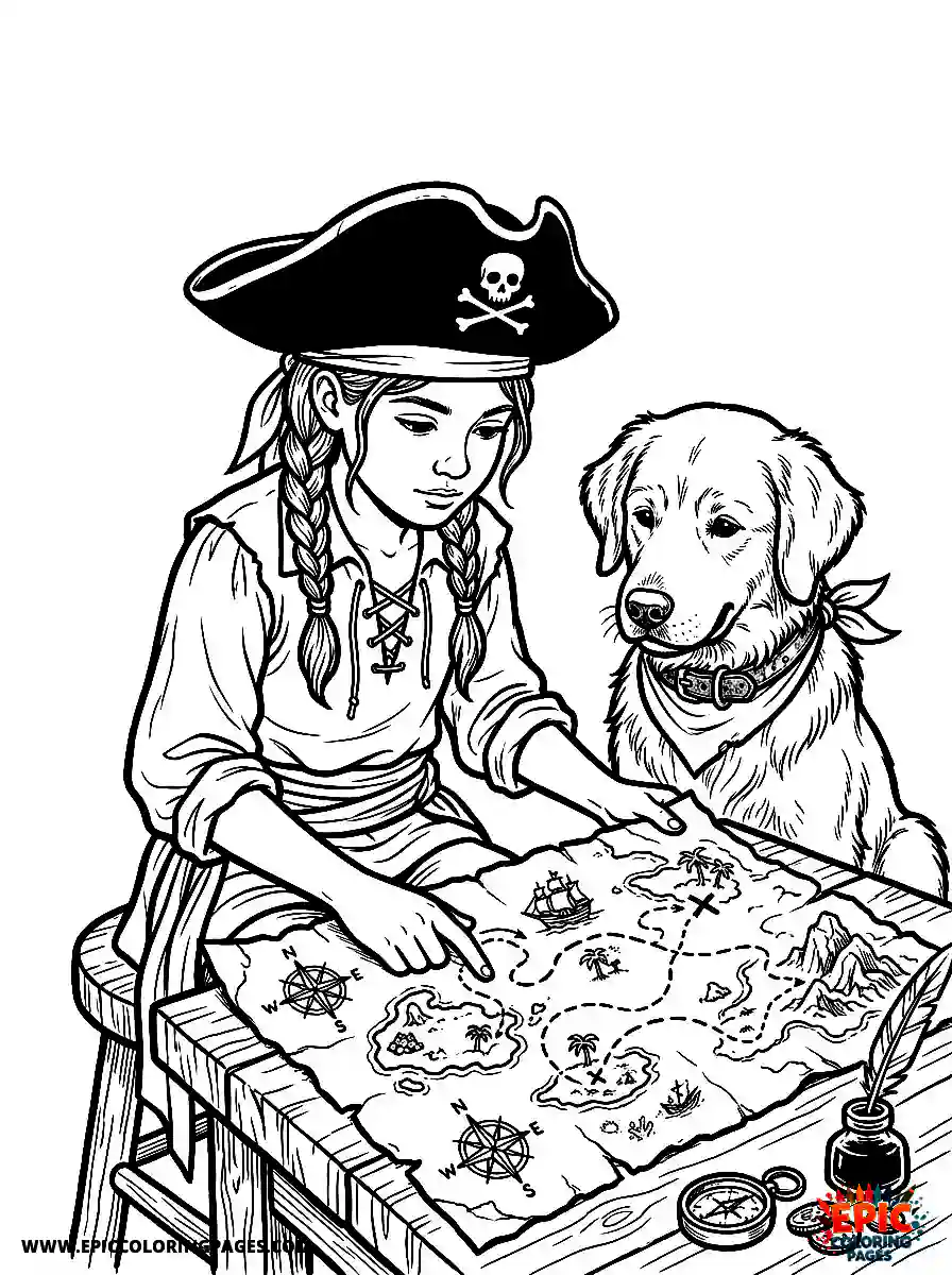 Girl with Dog Girl with dog realistic studying a weathered treasure map pirate wearing a classic tricorn hat