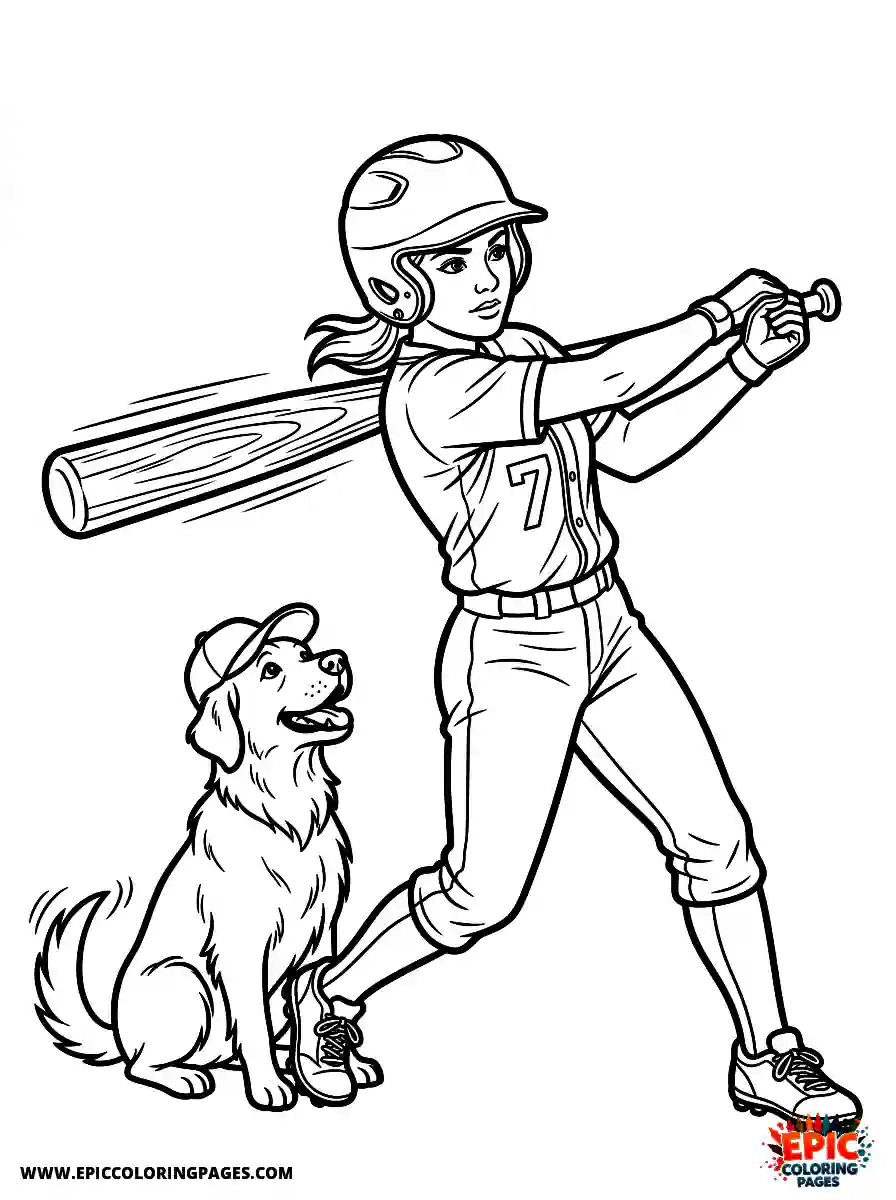Girl with Dog Girl with dog realistic swinging a heavy baseball bat wearing a protective batting helmet