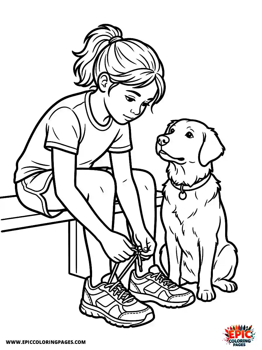Girl with Dog Girl with dog realistic tying tight shoelaces wearing comfortable running sneakers