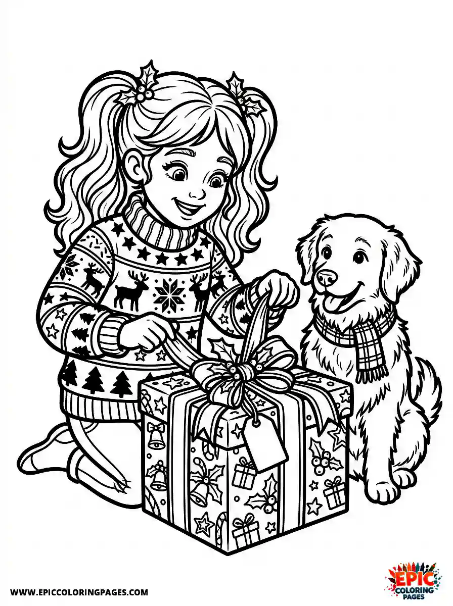 Girl with Dog Girl with dog realistic unwrapping a beautifully tied present wearing a festive knitted sweater