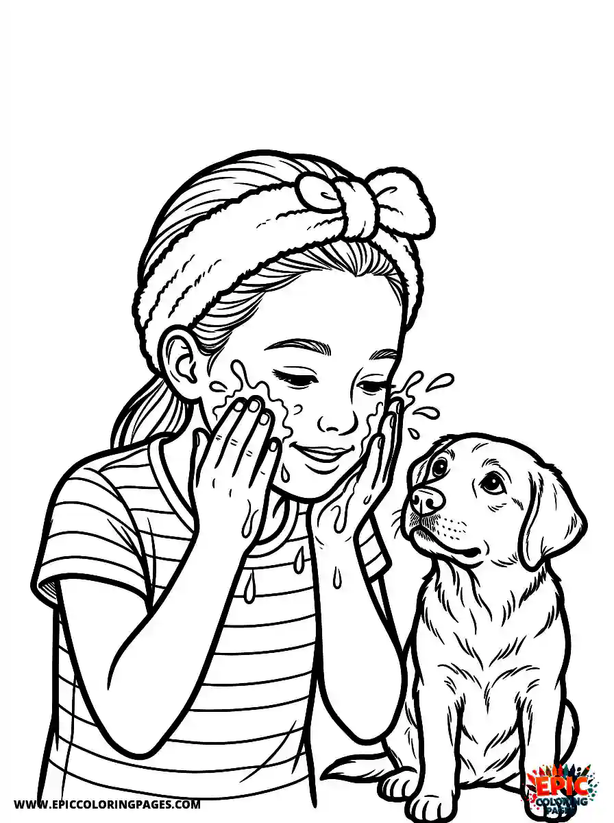 Girl with Dog Girl with dog realistic washing her face with water wearing a soft terrycloth headband