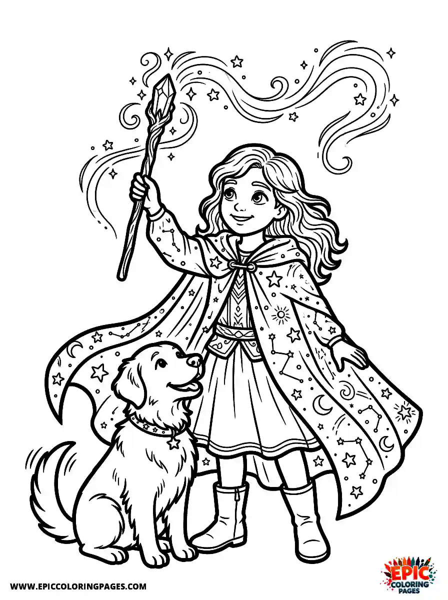 Girl with Dog Girl with dog realistic waving a glowing crystal wand wearing a majestic starry cloak