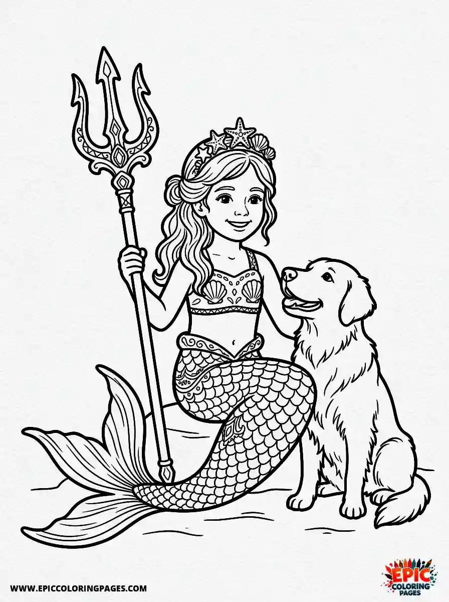 Girl with Dog Girl with dog realistic wearing a realistic mermaid tail holding a large trident