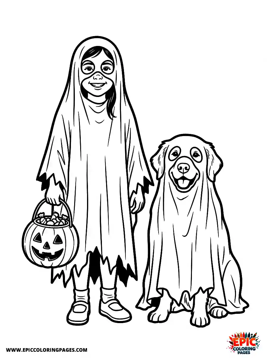 Girl with Dog Girl with dog realistic wearing a spooky ghost costume holding a plastic candy bucket