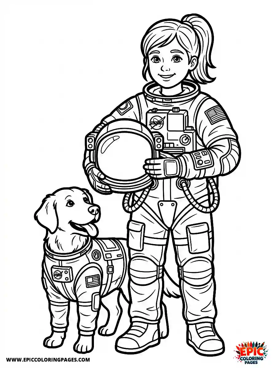 Girl with Dog Girl with dog realistic wearing an authentic astronaut spacesuit sci fi holding a heavy oxygen helmet