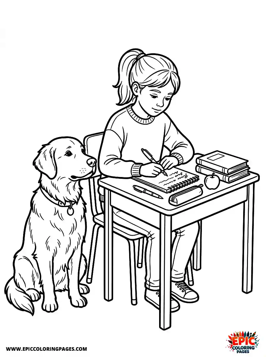 Girl with Dog Girl with dog realistic writing a long essay on a notepad holding a fountain pen