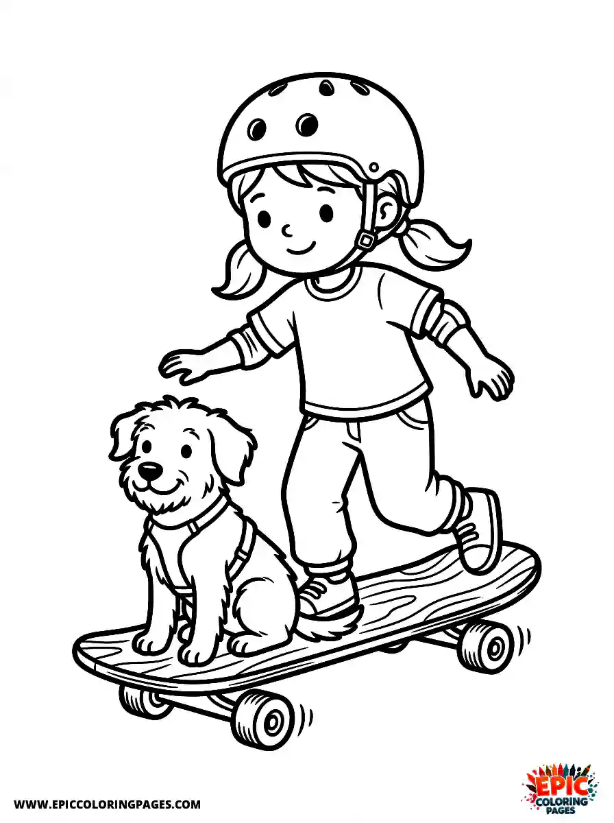 Girl with Dog Girl with dog riding a wooden skateboard wearing a safety helmet