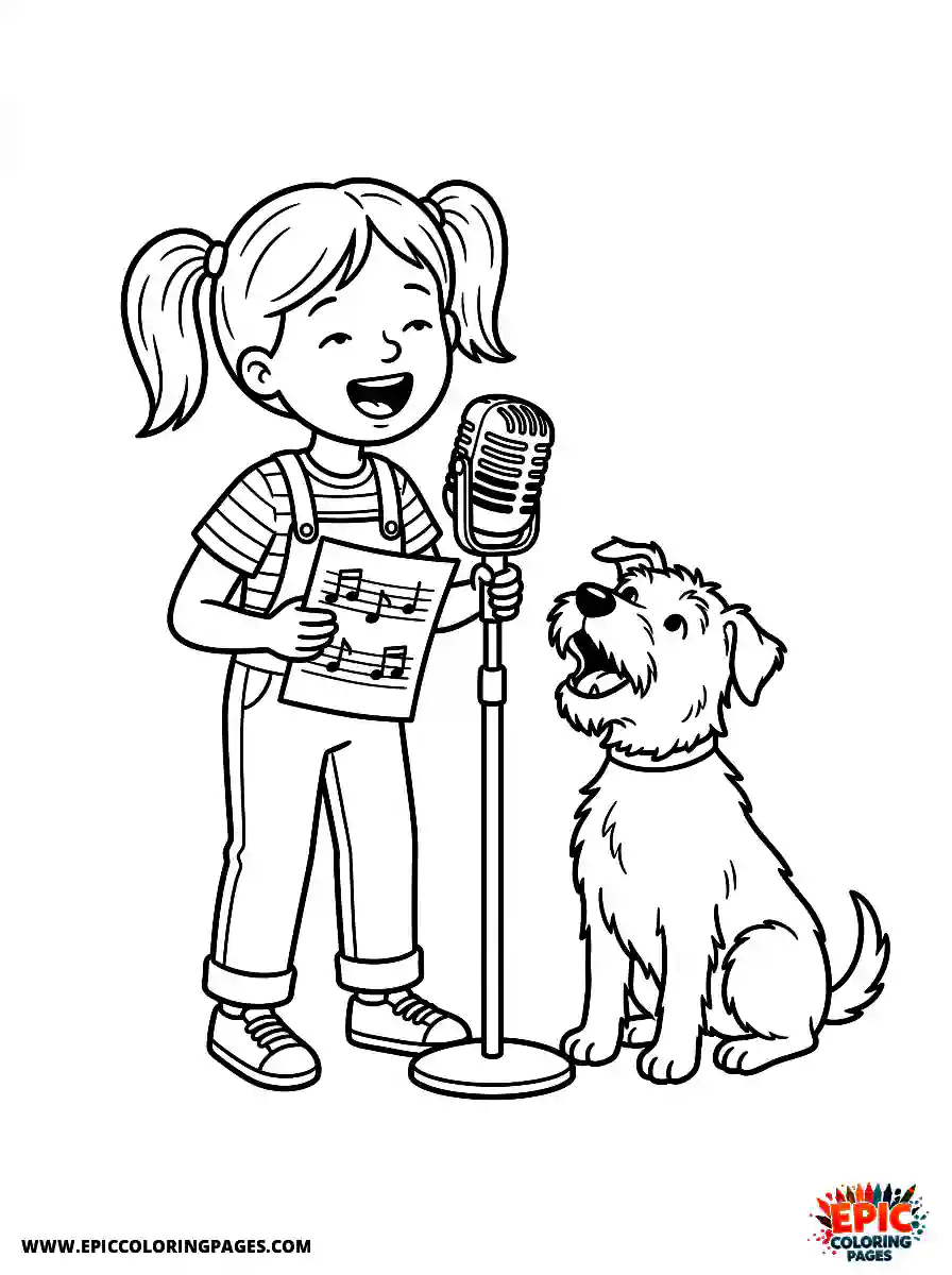 Girl with Dog Girl with dog singing into a vintage microphone holding a music sheet