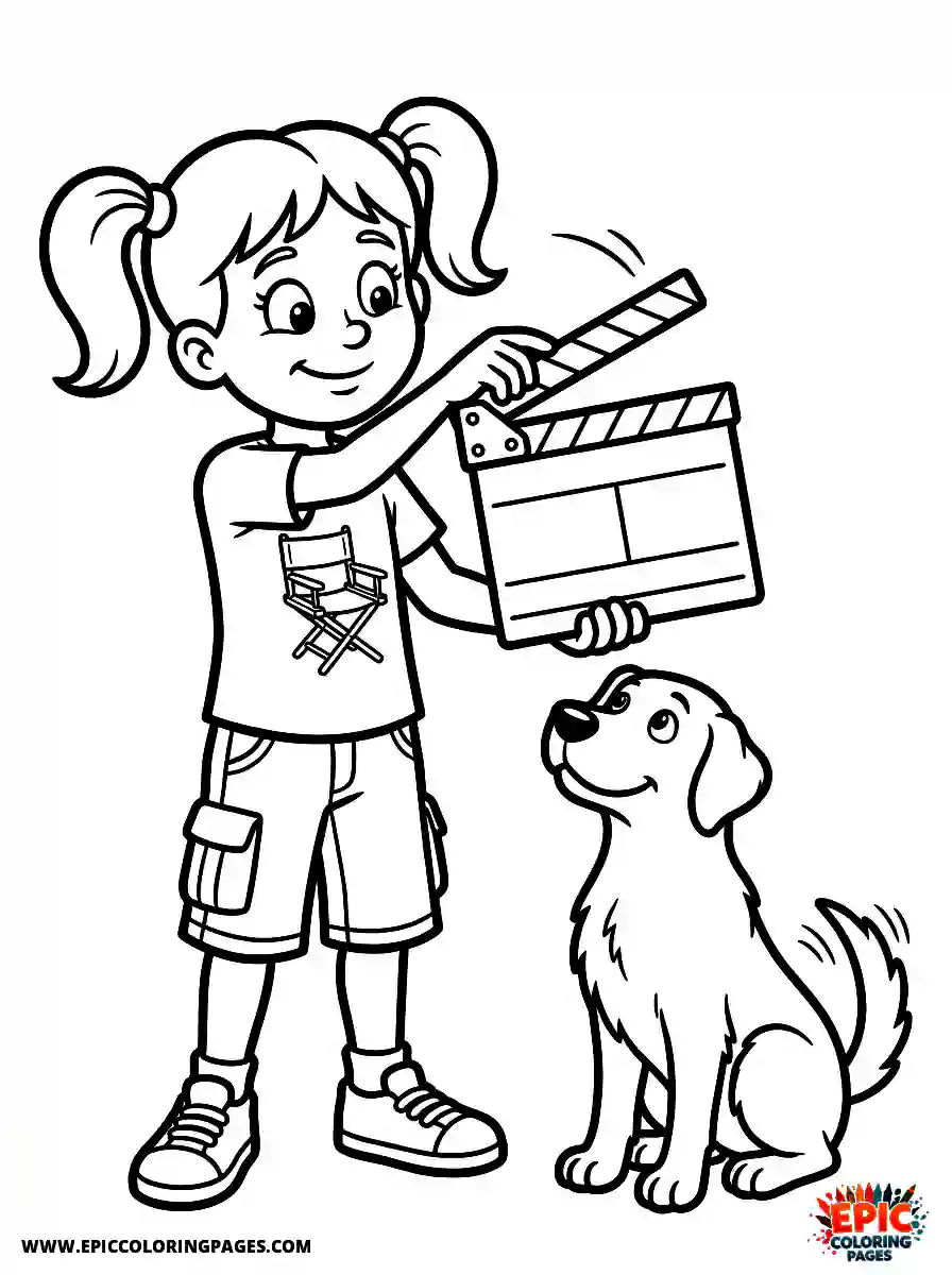 Girl with Dog Girl with dog snapping a wooden clapperboard wearing a director chair shirt