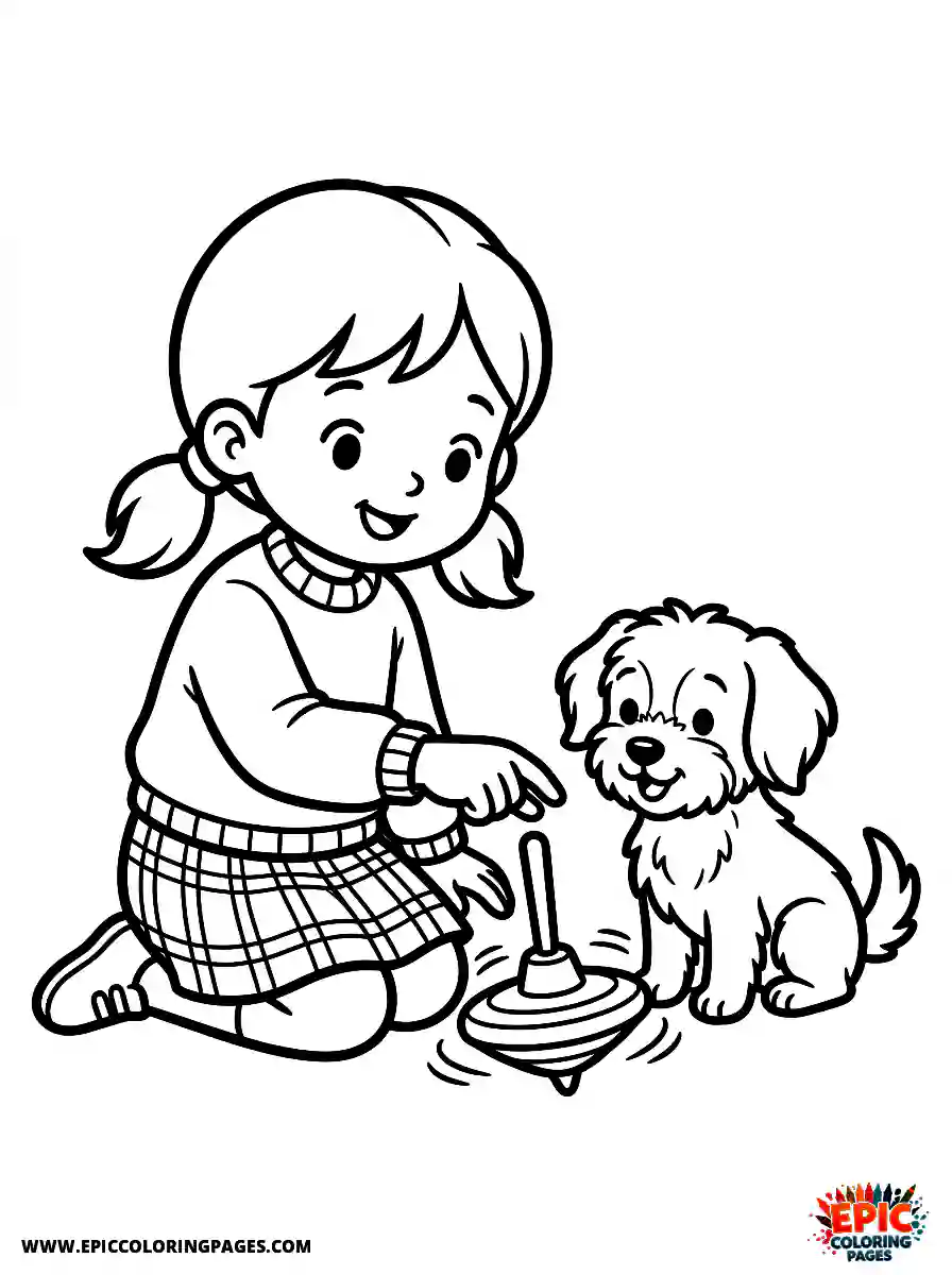 Girl with Dog Girl with dog spinning a plastic toy top wearing a plaid skirt