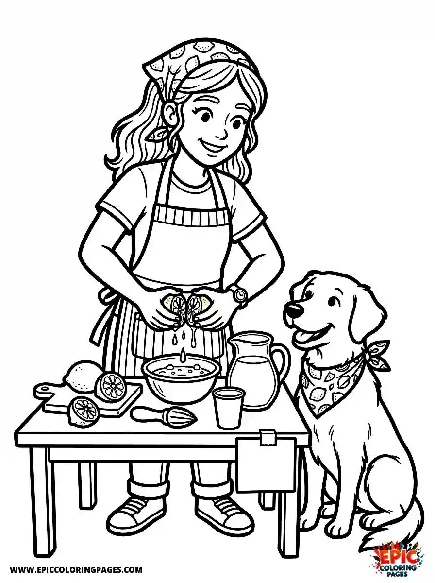 Girl with Dog Girl with dog squeezing a fresh lemon wearing a lemonade stand apron