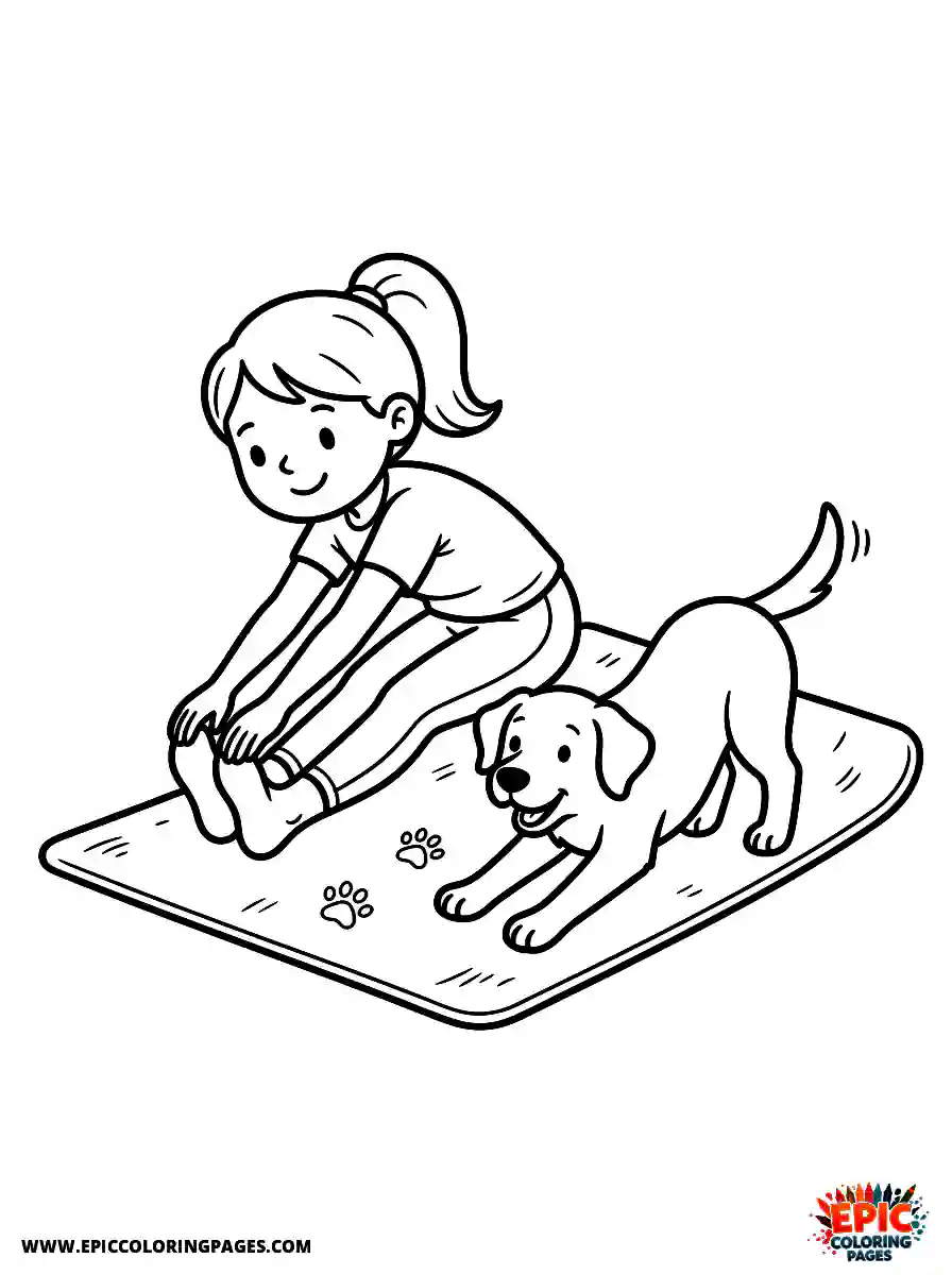 Girl with Dog Girl with dog stretching on a yoga mat wearing athletic leggings