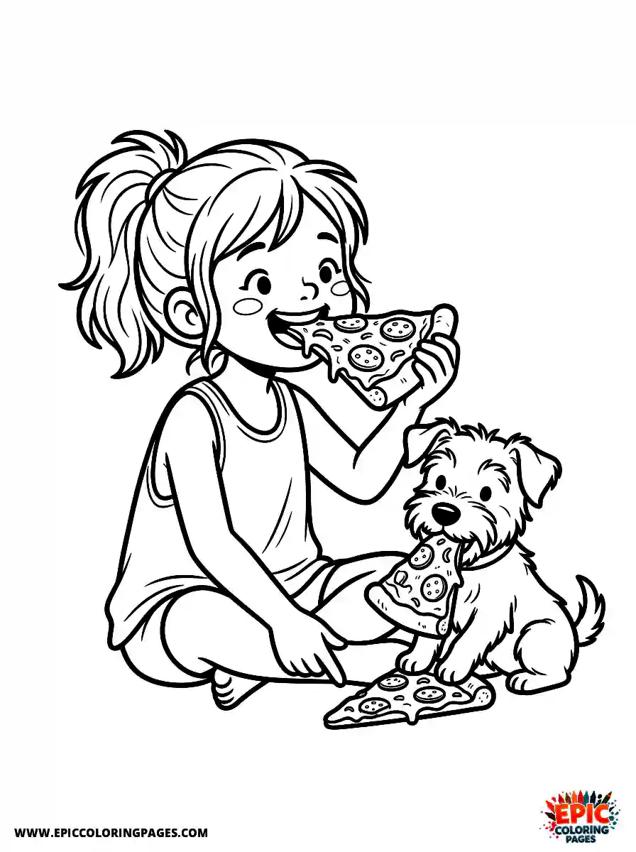 Girl with Dog Girl with dog taking a bite of a pizza slice wearing a casual tank top