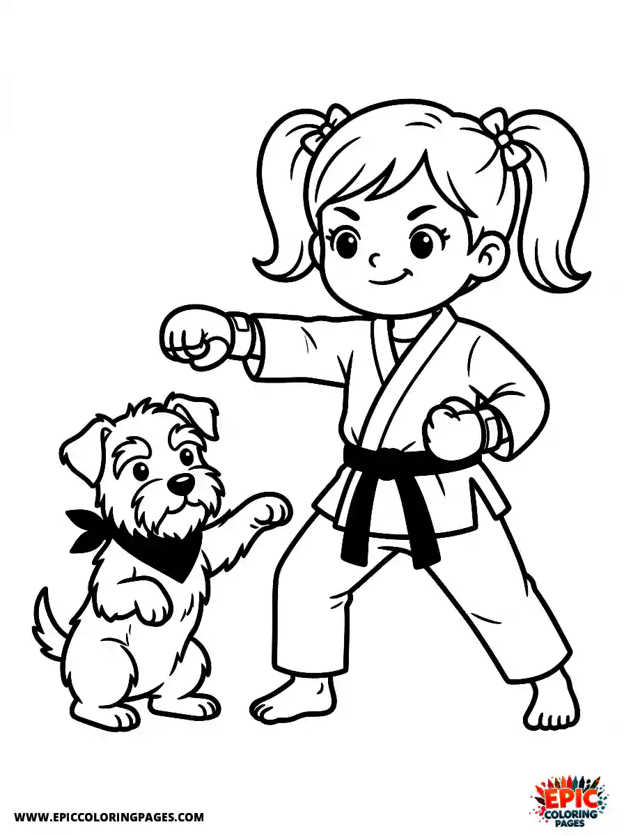 Girl with Dog Girl with dog throwing a punch martial wearing a karate gi