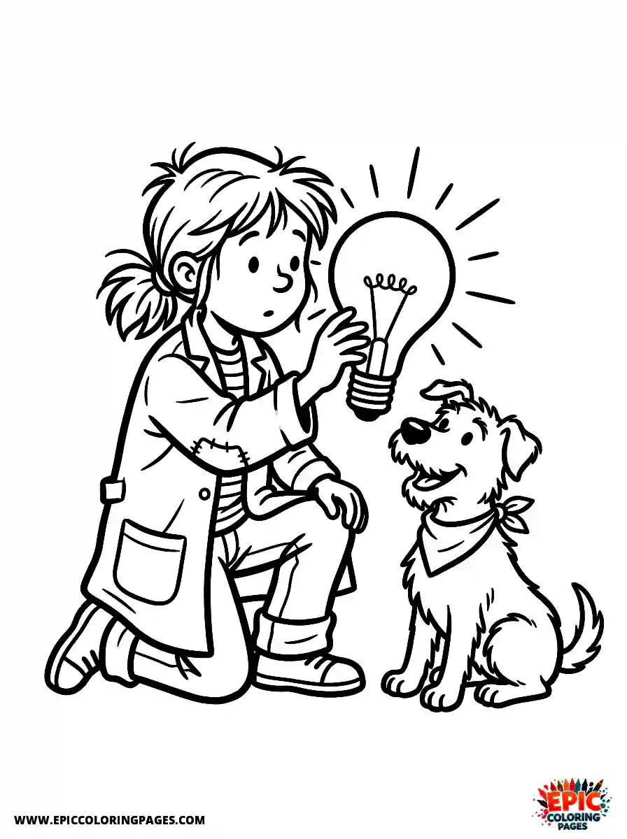 Girl with Dog Girl with dog touching a glowing lightbulb wearing an inventor smock