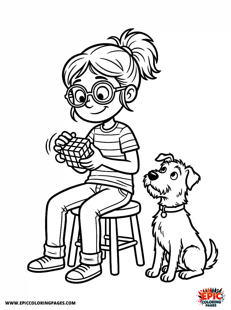 Girl with Dog Girl with dog twisting a colorful rubiks cube wearing thick framed glasses
