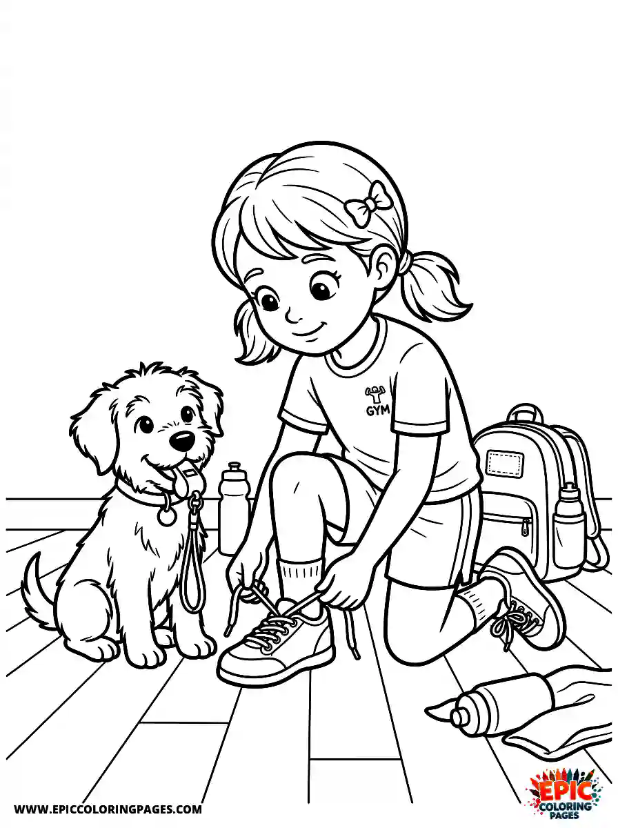 Girl with Dog Girl with dog tying shoelaces for gym class holding a whistle
