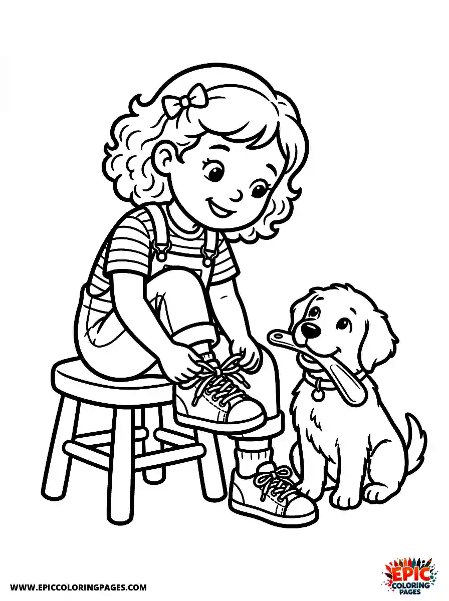 Girl with Dog Girl with dog tying sneaker laces holding a shoehorn