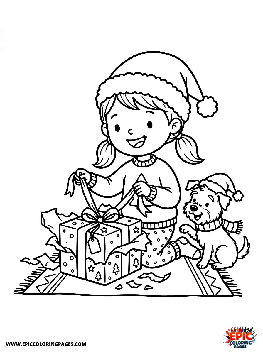 Girl with Dog Girl with dog unwrapping a square present wearing a santa hat