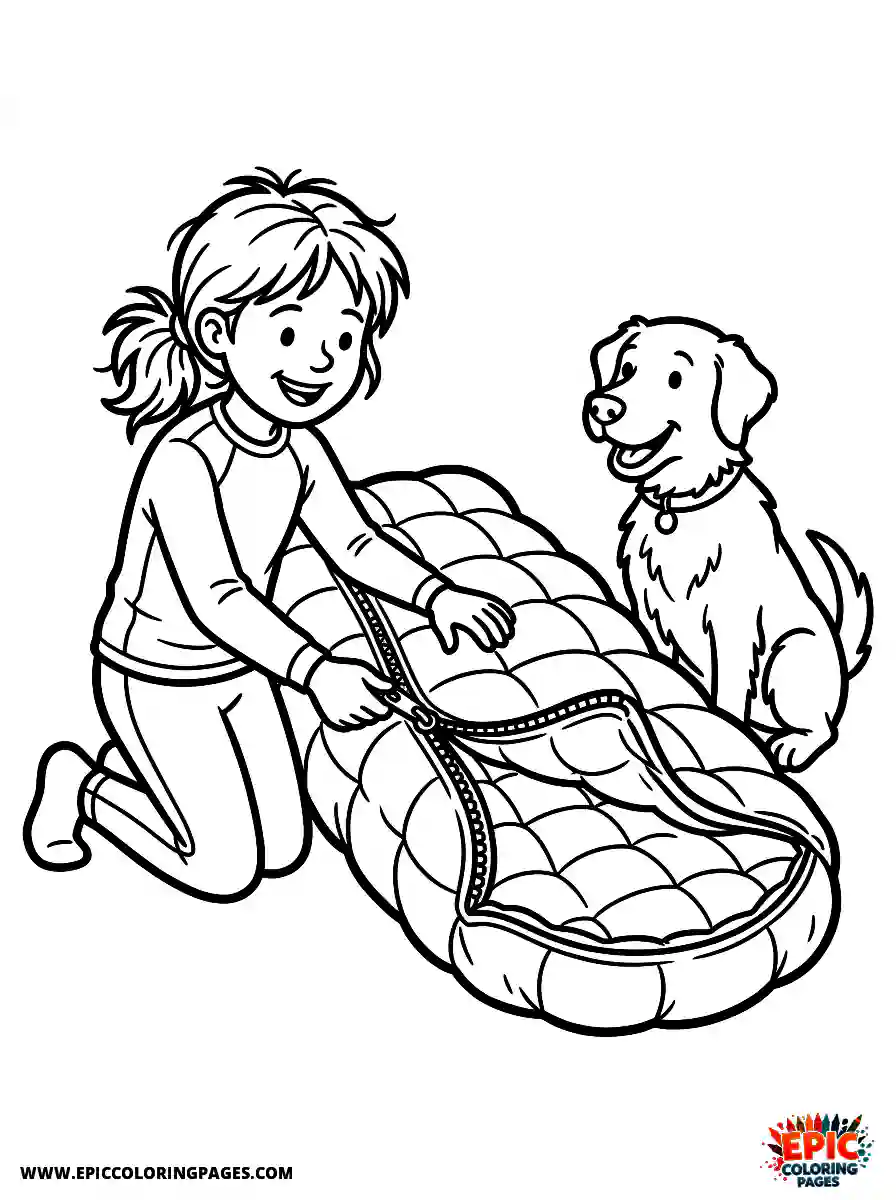 Girl with Dog Girl with dog unzipping a bulky sleeping bag wearing thermal underwear
