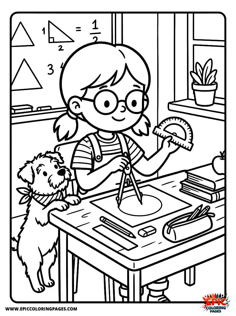 Girl with Dog Girl with dog using a geometry compass holding a protractor