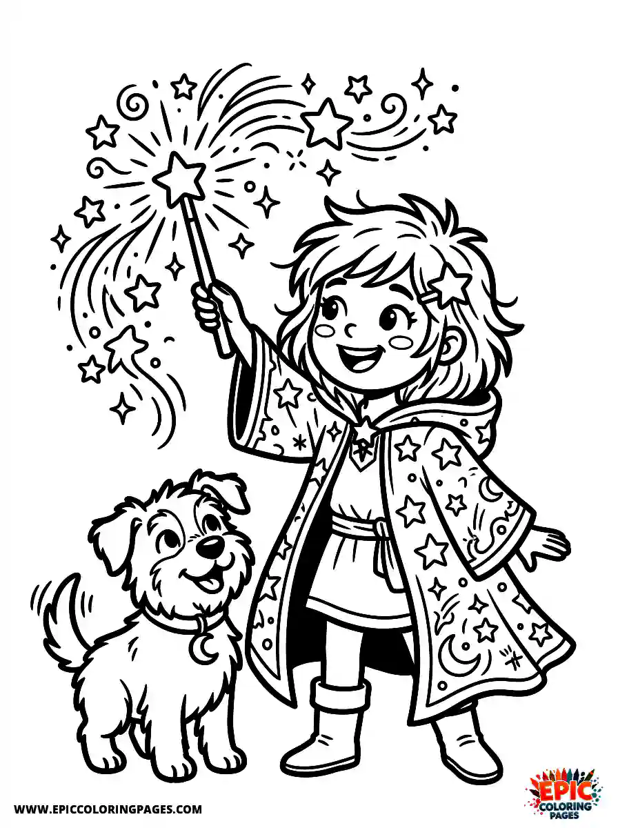 Girl with Dog Girl with dog waving a glowing magic wand wearing a starry cloak