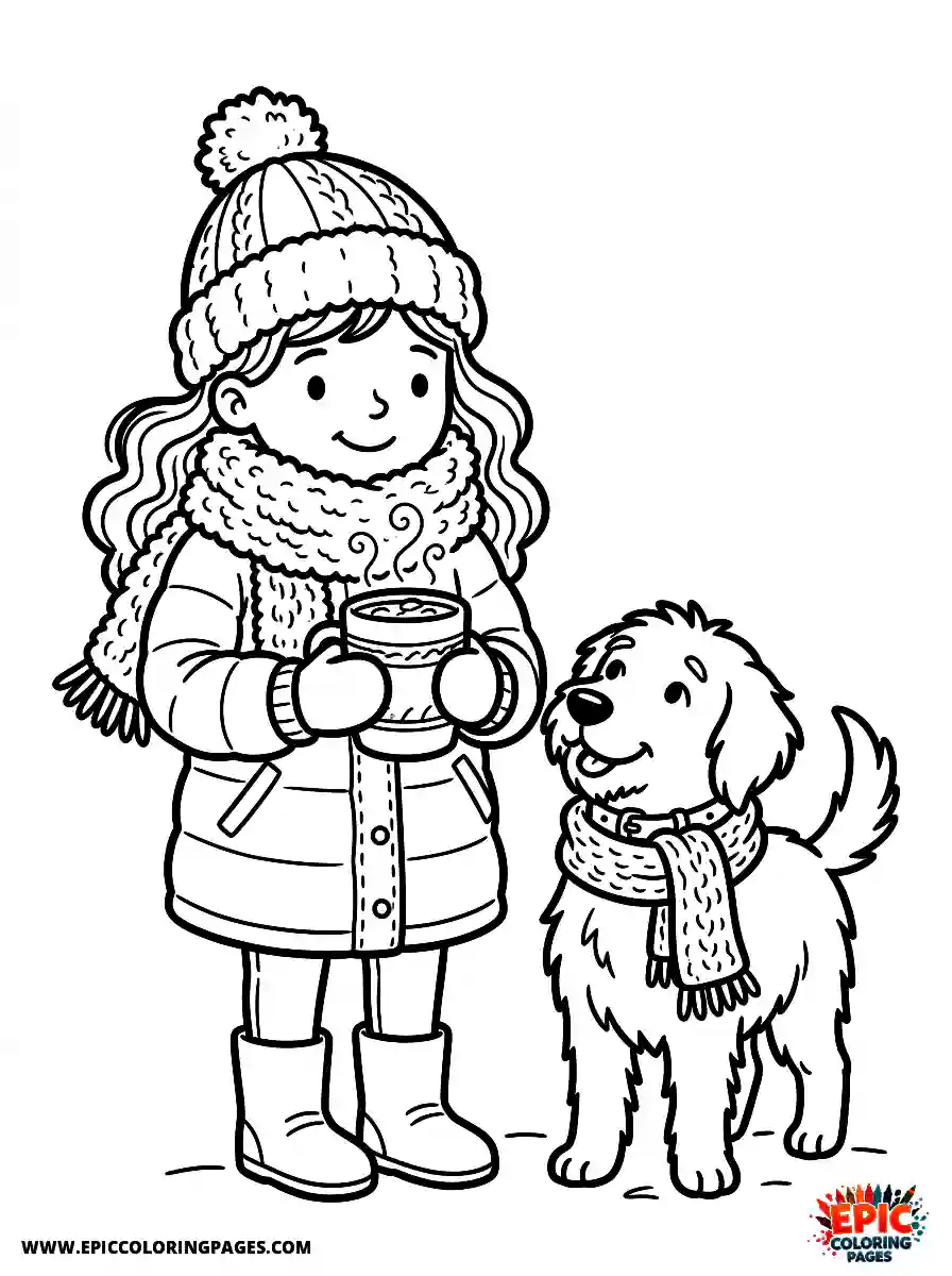 Girl with Dog Girl with dog wearing a fluffy winter scarf holding a hot cocoa mug