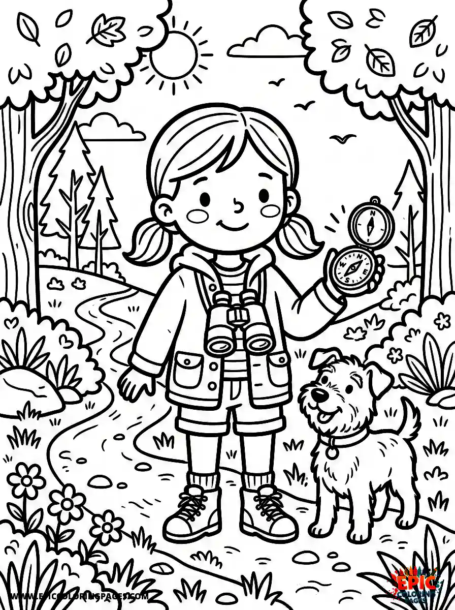 Girl with Dog Girl with dog wearing a pair of binoculars around her neck holding a compass