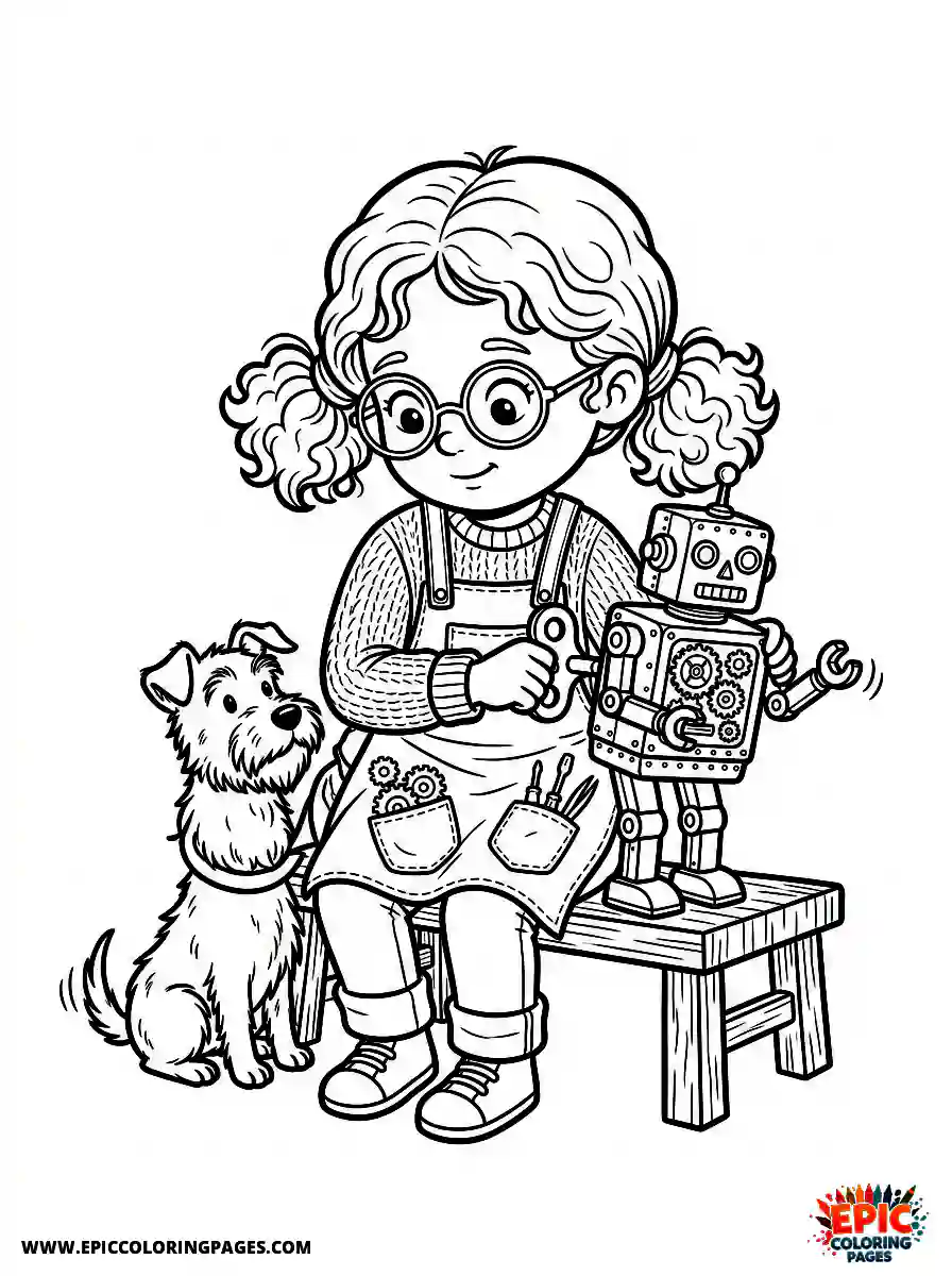 Girl with Dog Girl with dog winding up a mechanical toy wearing a clockmaker apron