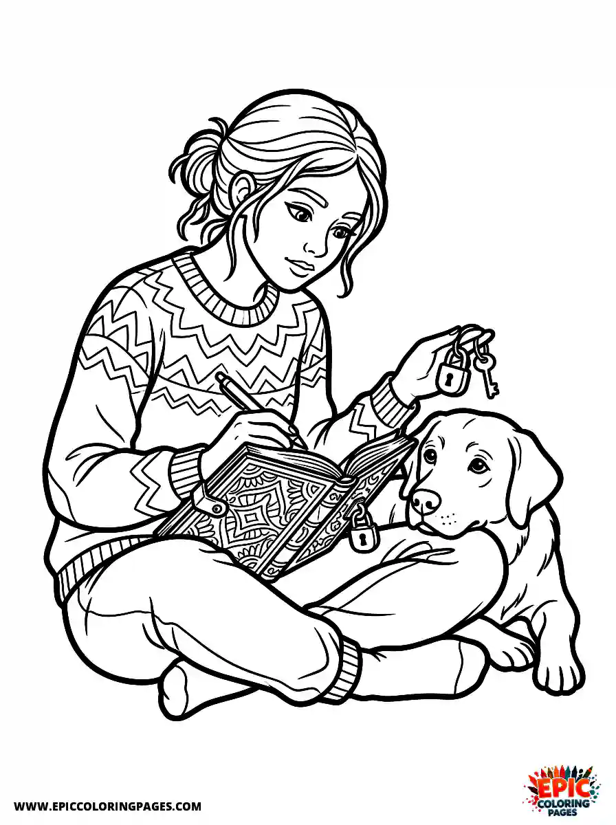 Girl with Dog Girl with dog writing in a secret diary holding a tiny padlock