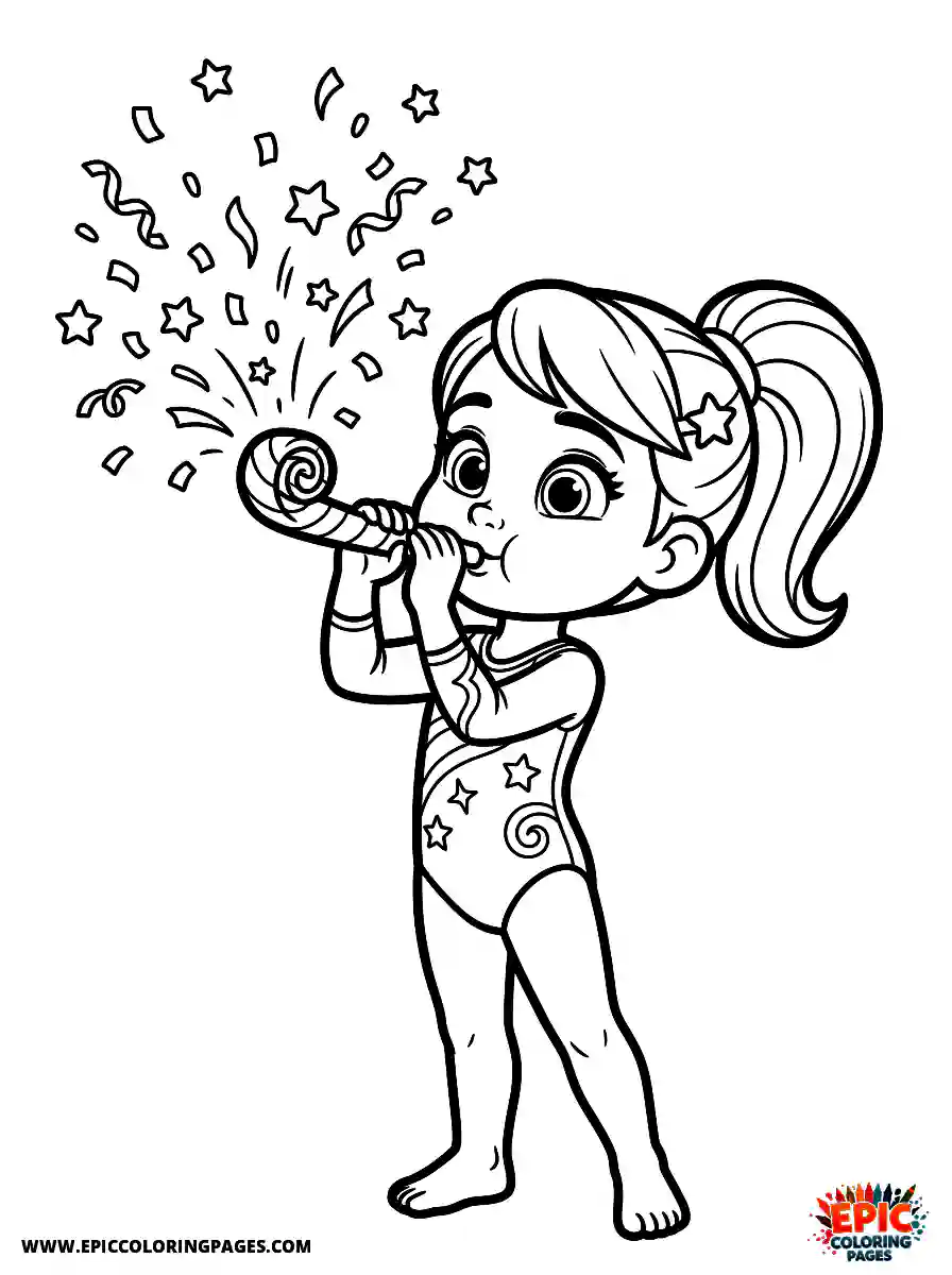 Gymnast Girl Gymnast girl 3d disney style blowing a party horn with confetti