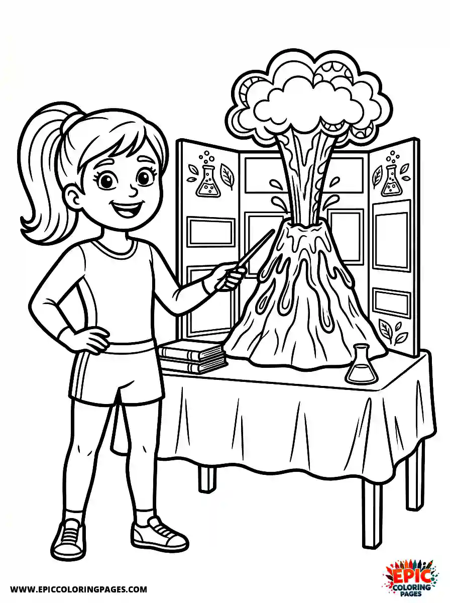 Gymnast Girl Gymnast girl cartoon style presenting a science project with a volcano