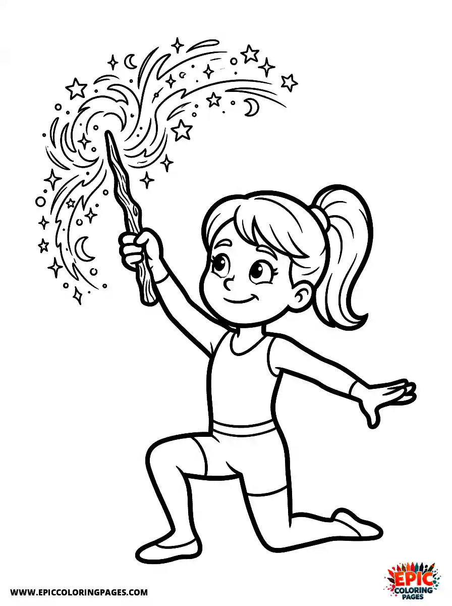 Gymnast Girl Gymnast girl comic strip style casting a magic spell with a wooden wand