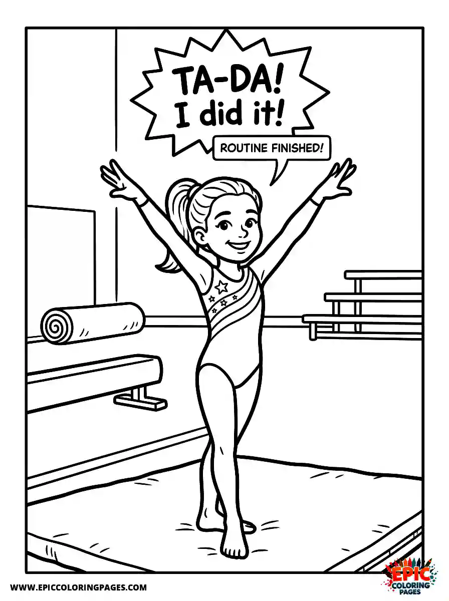 Gymnast Girl Gymnast girl comic strip style presenting arms after a routine