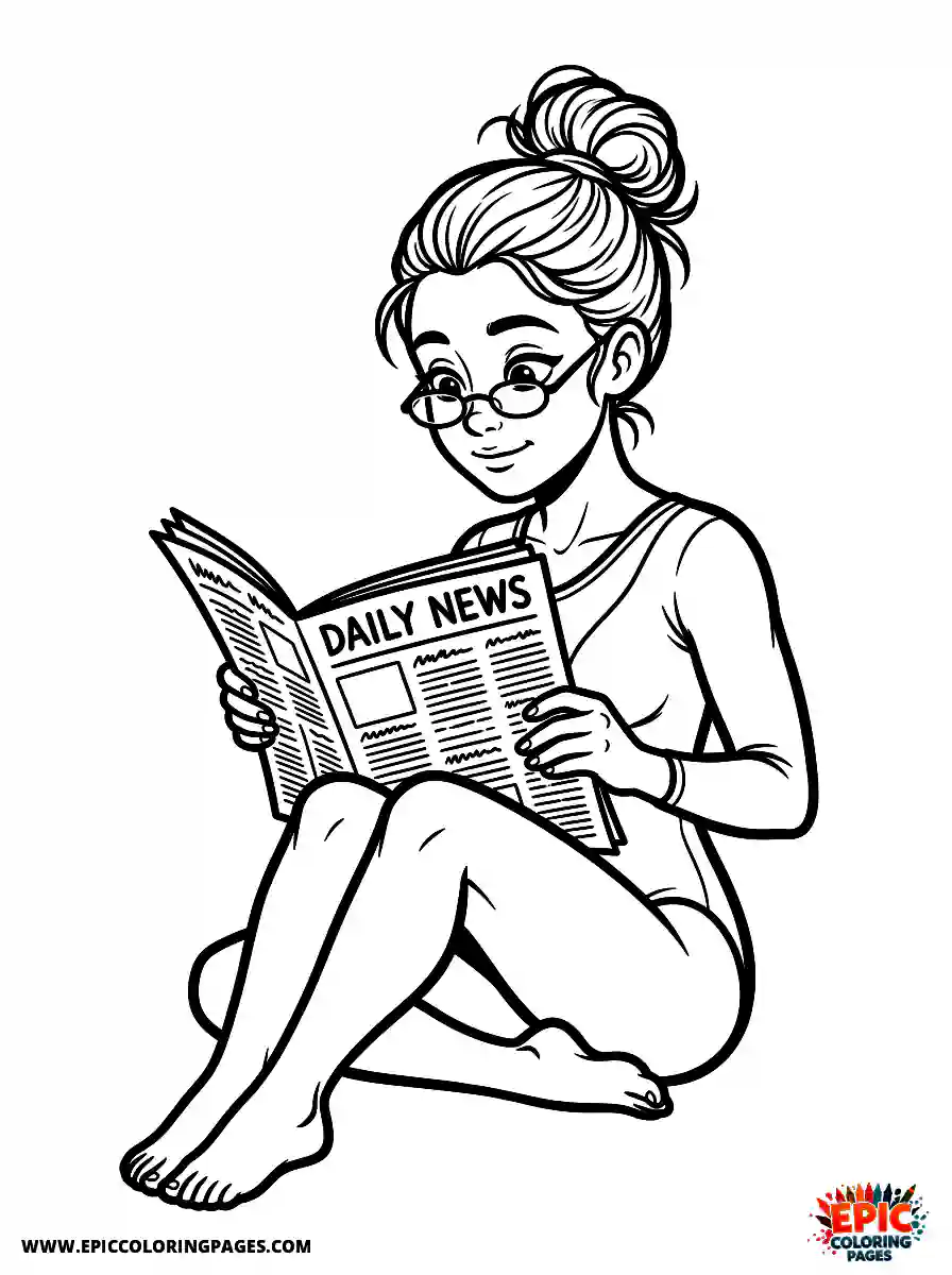 Gymnast Girl Gymnast girl comic strip style reading a newspaper with reading glasses