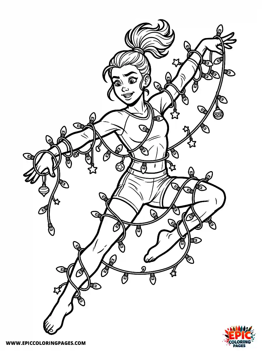 Gymnast Girl Gymnast girl comic strip style tangling in festive holiday string lights