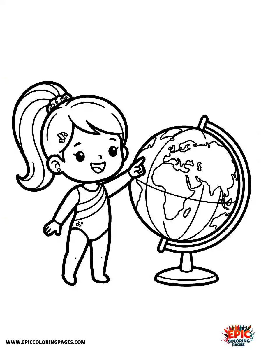 Gymnast Girl Gymnast girl kawaii style pointing at a globe with a smile