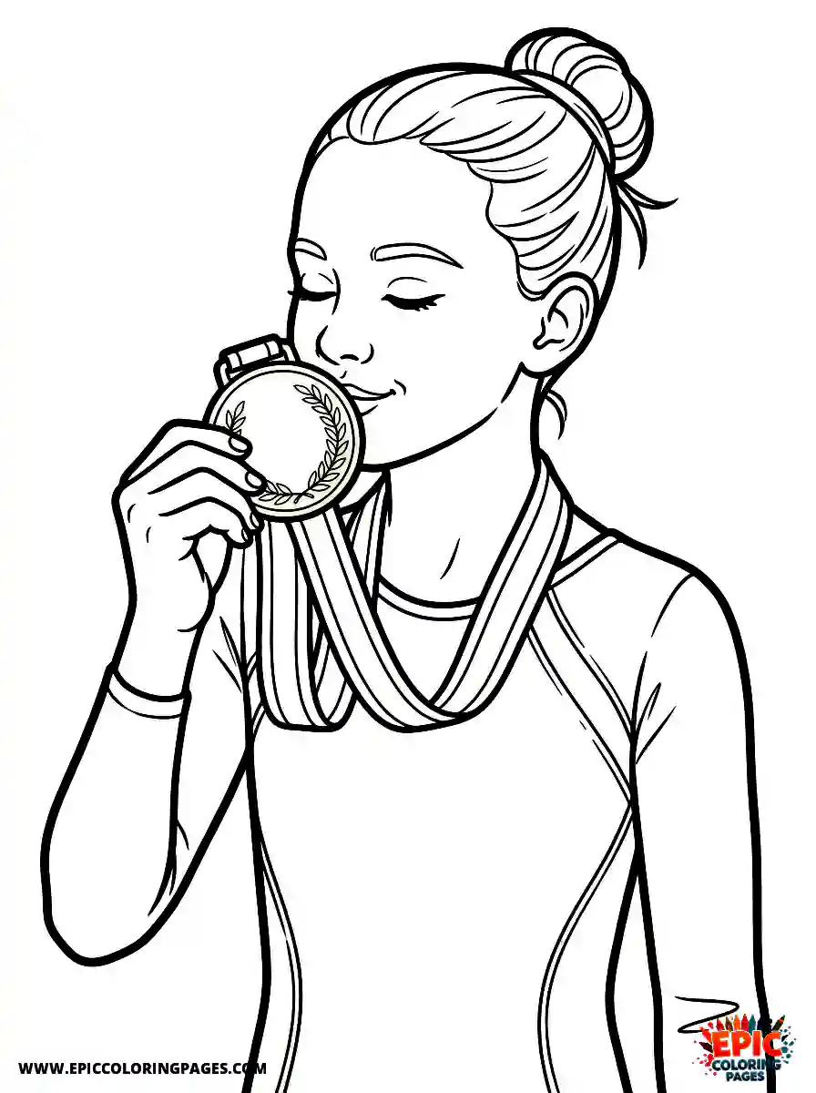 Gymnast Girl Gymnast girl realistic kissing a heavy gold medal proudly