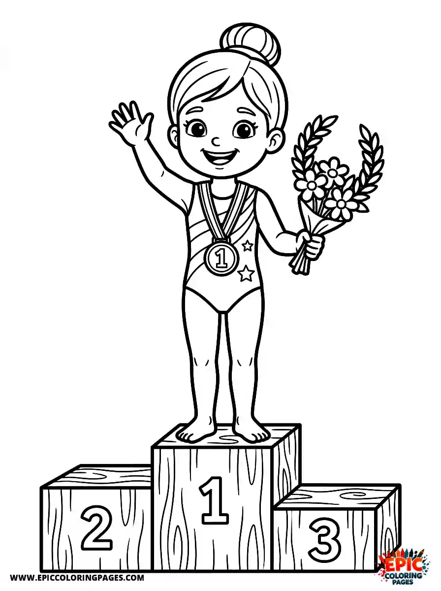 Gymnast Girl Gymnast girl realistic smiling while standing on a first place podium