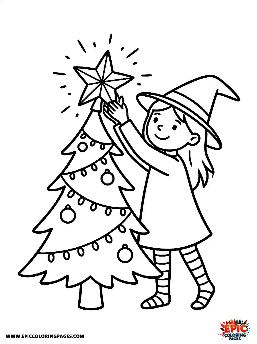 Halloween Girl Halloween girl cartoon style decorating a pine tree holding a shiny star