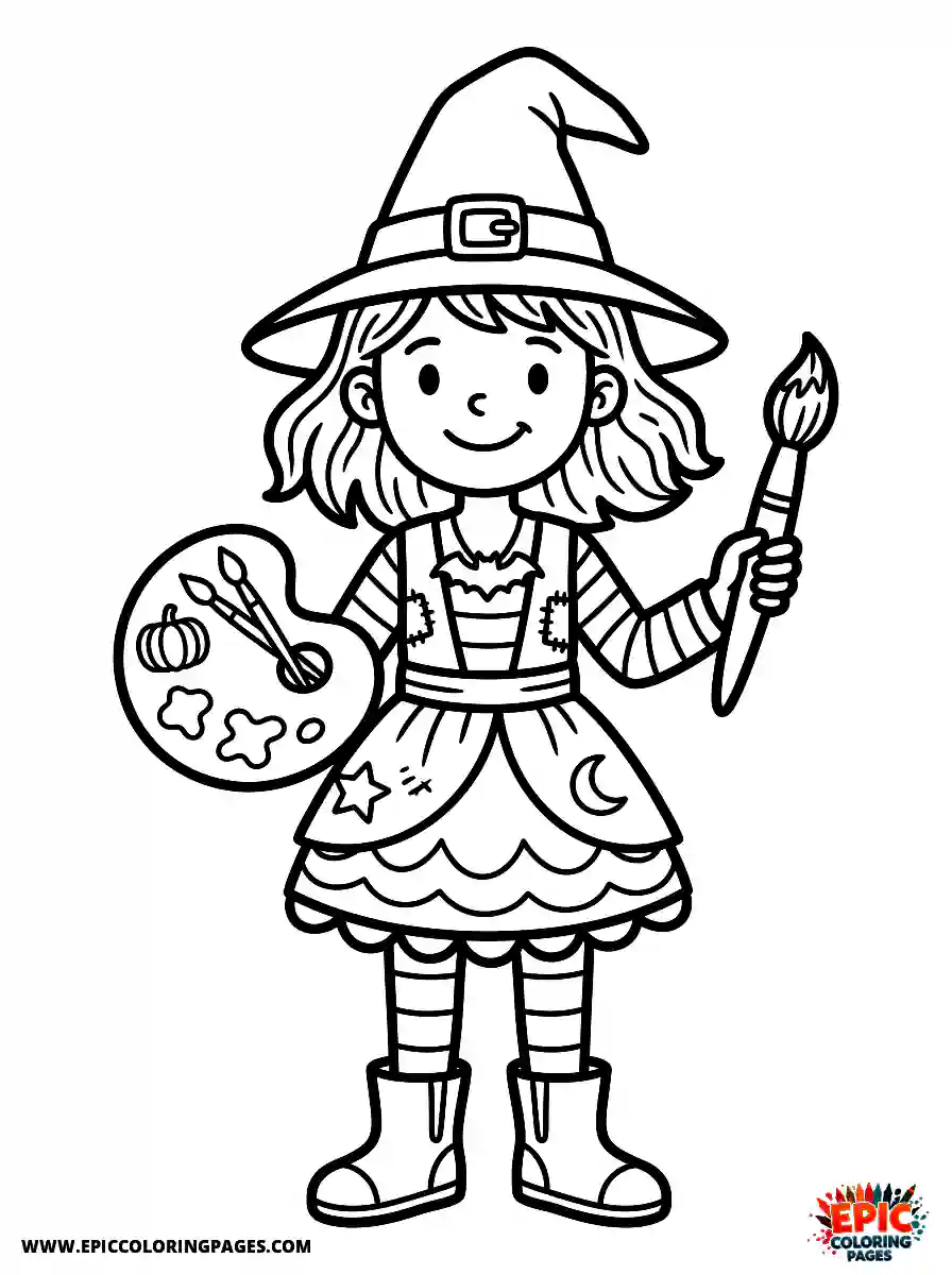 Halloween Girl Halloween girl cartoon style drawing on a canvas holding a wooden palette
