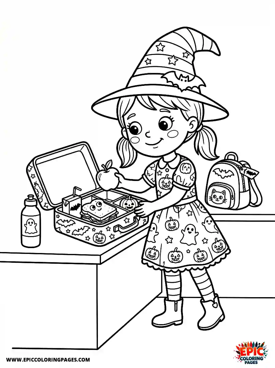 Halloween Girl Halloween girl cartoon style packing a lunch box morning routine adding a green apple
