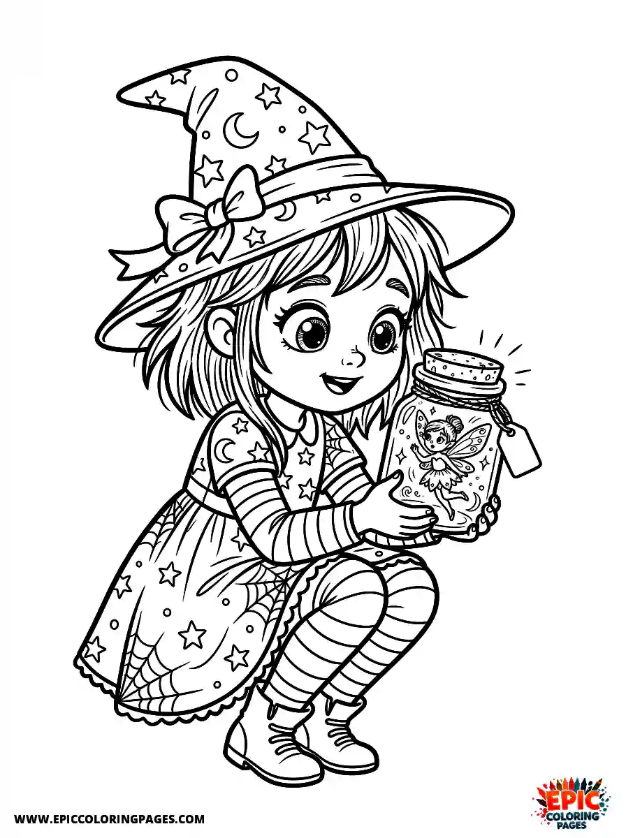 Halloween Girl Halloween girl finding a fairy in a jar fairy tale observing with big eyes