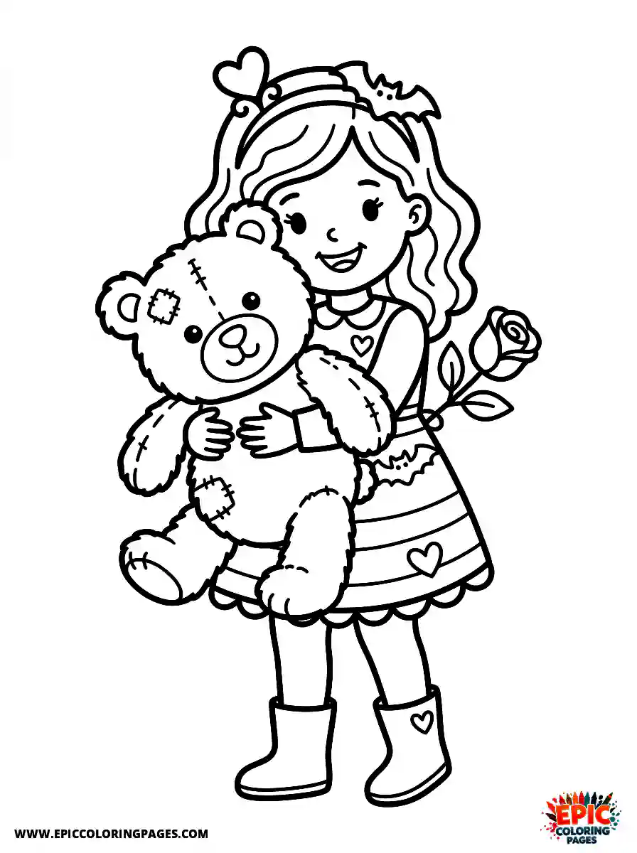 Halloween Girl Halloween girl hugging a plush teddy bear holding a rose