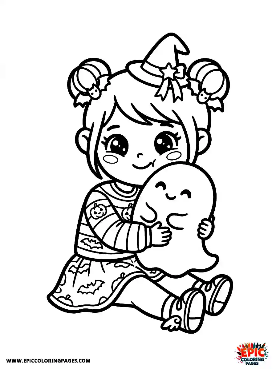 Halloween Girl Halloween girl kawaii style hugging a friendly ghost plushie