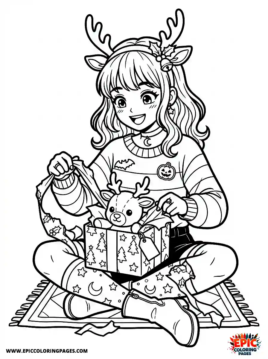 Halloween Girl Halloween girl manga style unboxing a wrapped gift wearing a reindeer headband