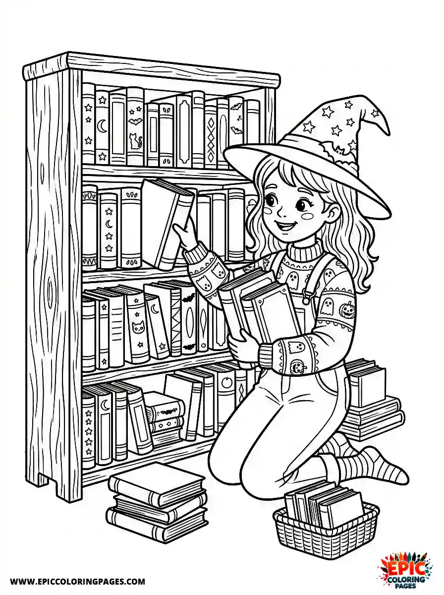 Halloween Girl Halloween girl organizing a bookshelf chore time aligning thick books