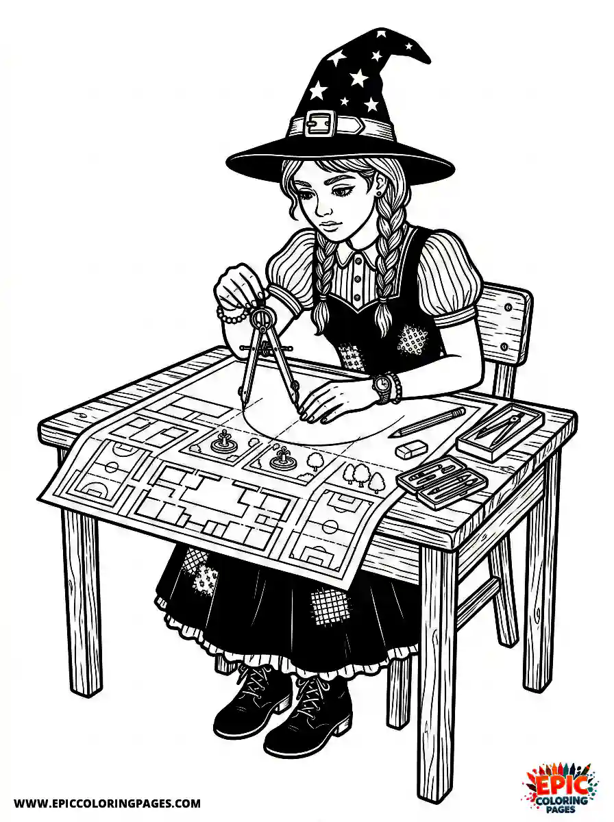 Halloween Girl Halloween girl realistic drawing a precise map using a drawing compass